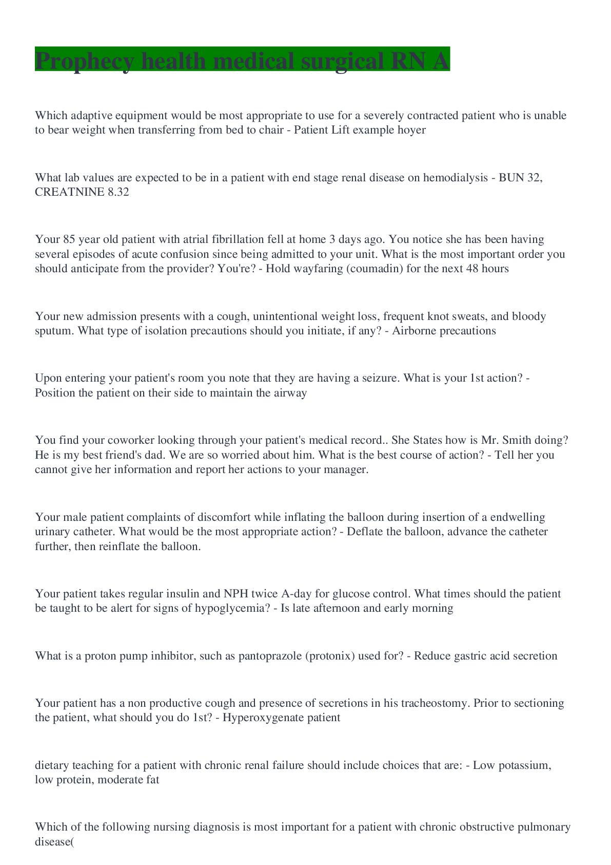 Preview image for Prophecy health medical surgical RN A answered & graded A+, latest summer 2022.